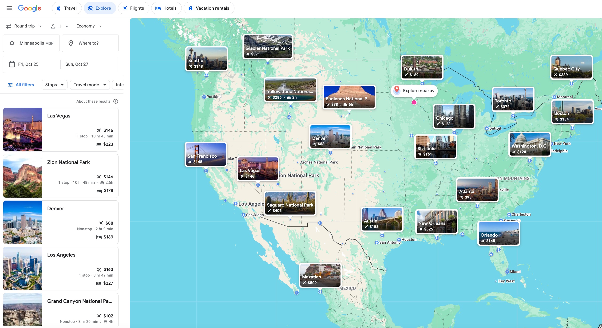 Google Flights Explore Minneapolis October