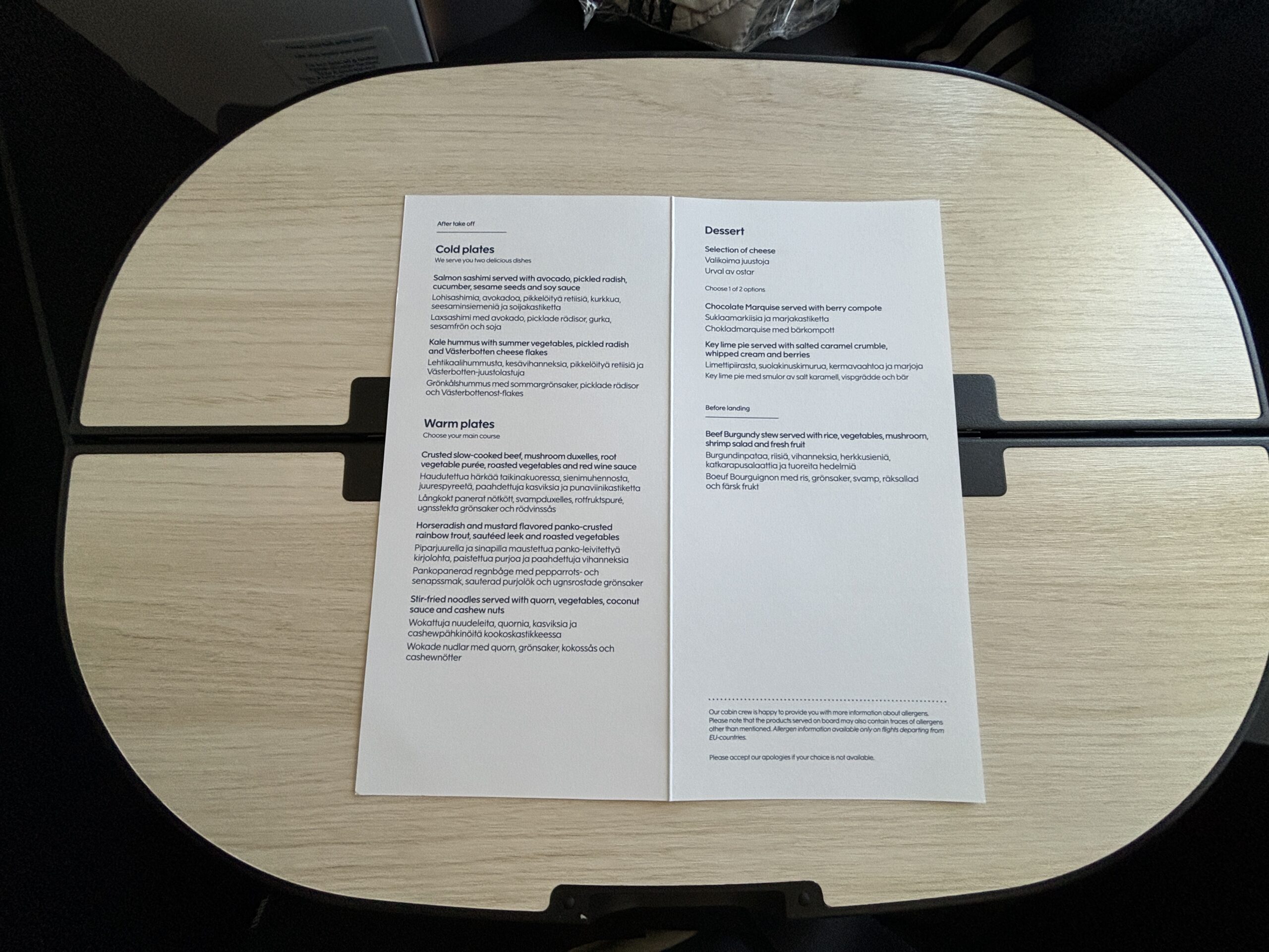 Finnair Business Class Menu