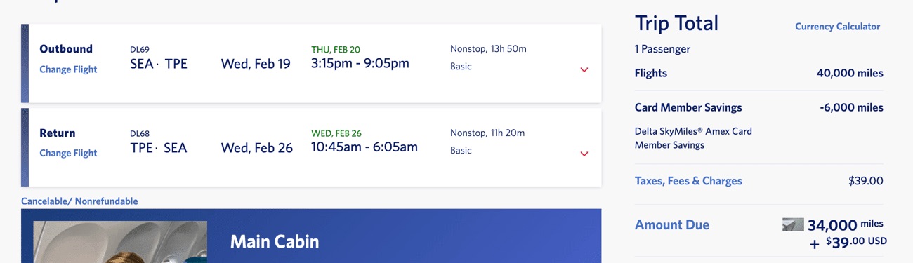 SEA-TPE Delta Skymiles