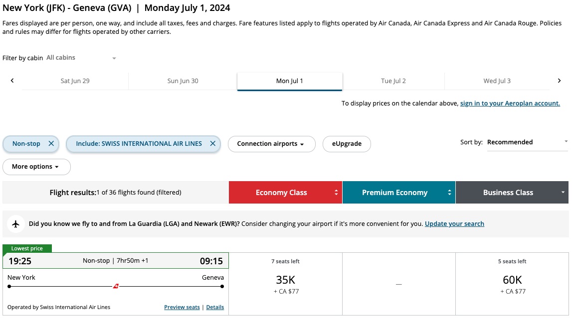 SWISS biz class air canda aeroplan points