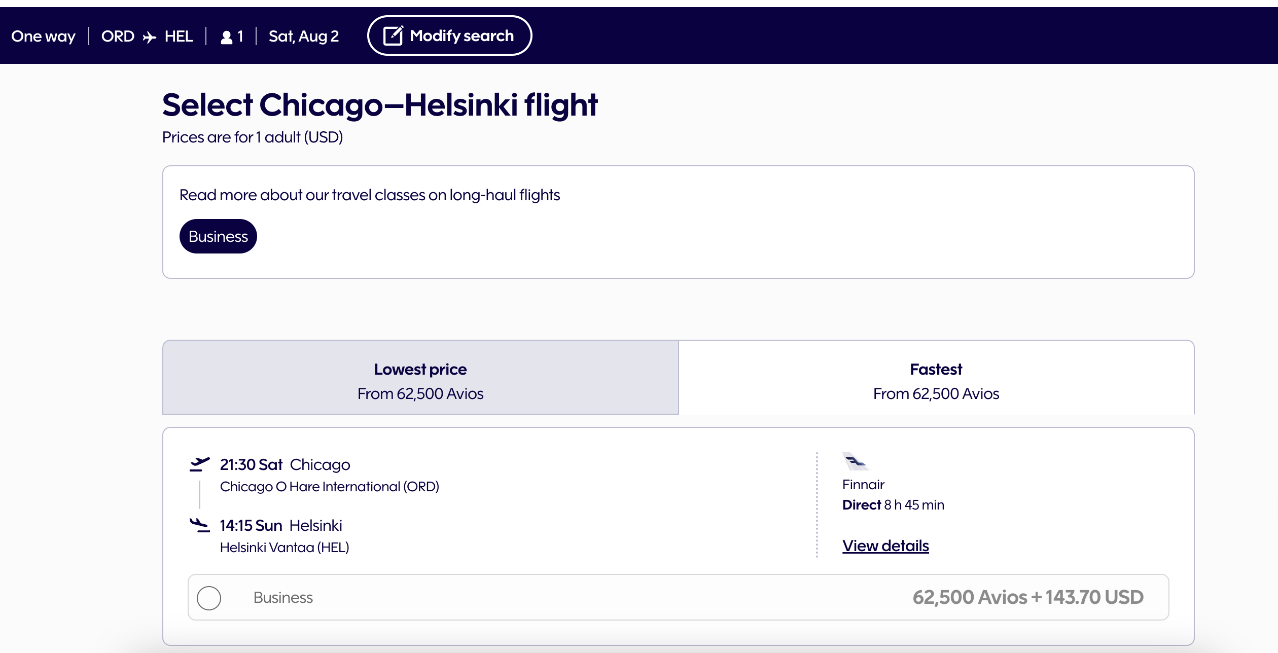 Example booking of Finnair