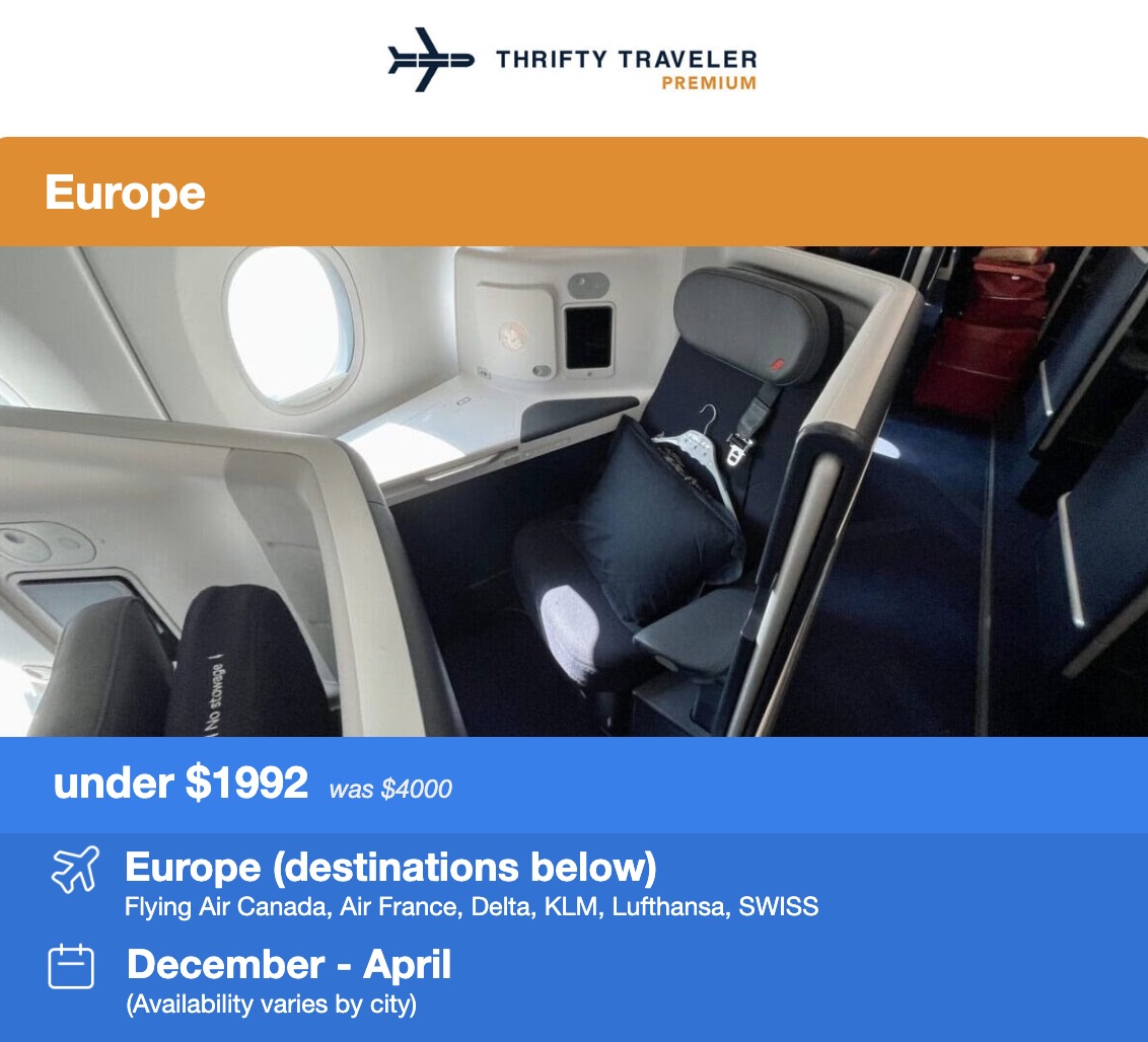 Air France business class seat in a flight deal alert to Europe. 