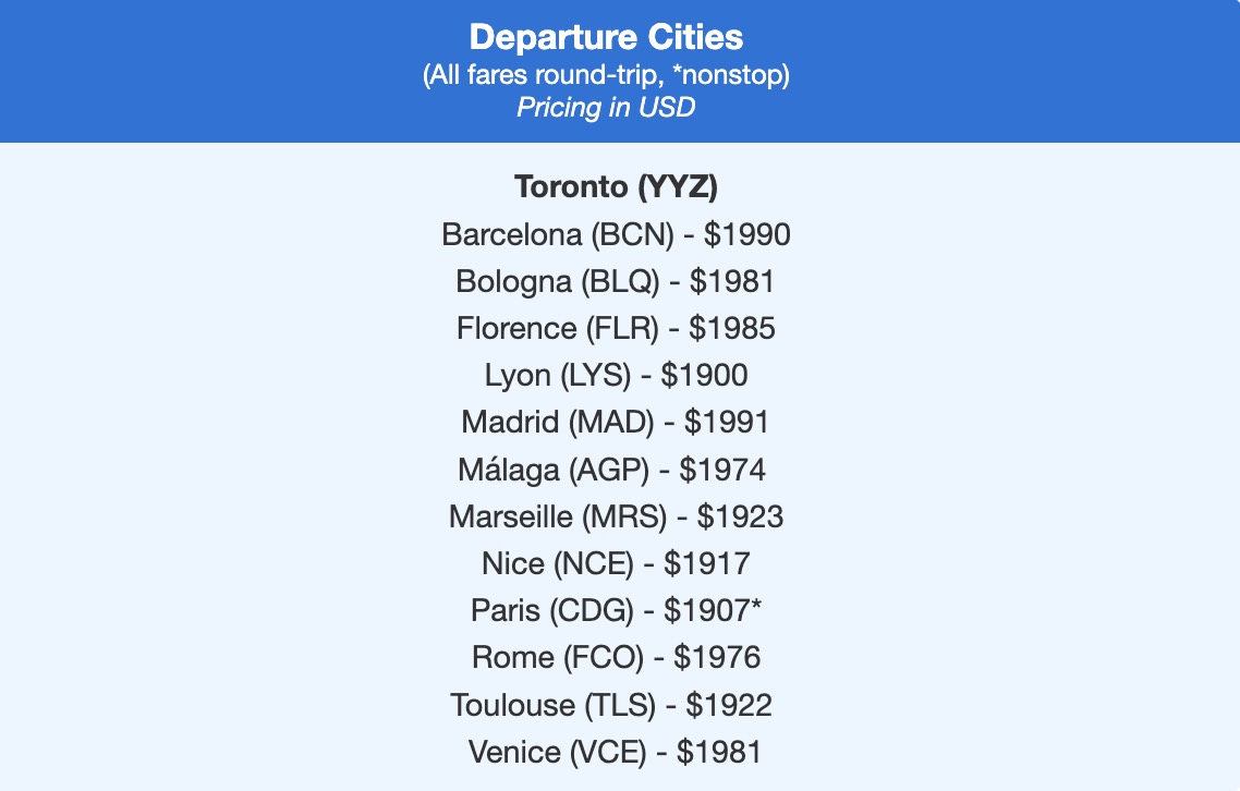 Toronto to Europe business class airfares