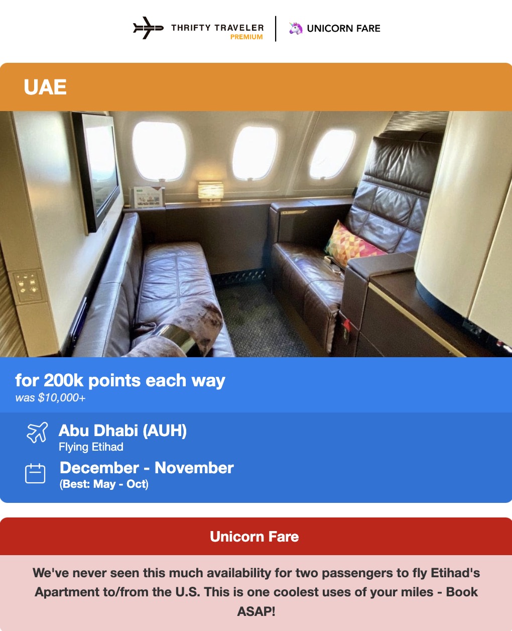Etihad Apartment on the Airbus A380 with a unicorn fare alert
