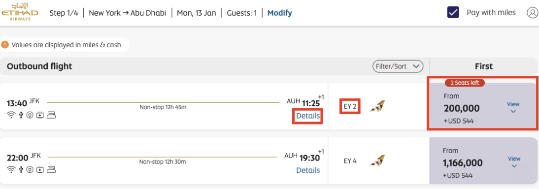 Etihad Apartment airfare on Etihad Guest website
