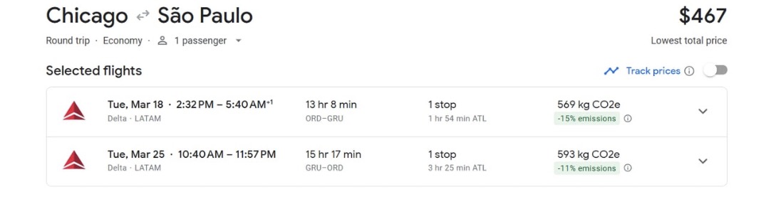 ORD to Sao Paolo airfare for $466 roundtrip on Delta