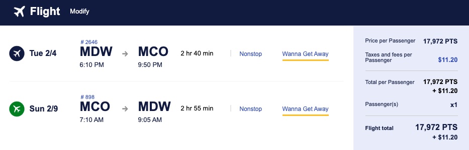 Southwest booking with points from Chicago to Orlando