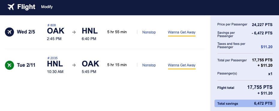 Southwest points booking from Oakland to Honolulu
