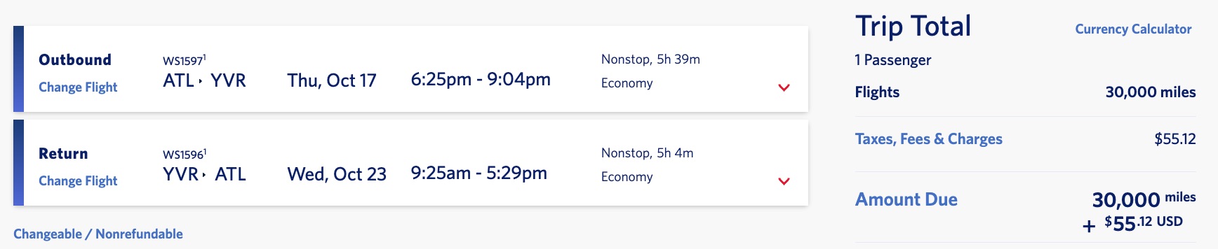 westjet atlanta to vancouver