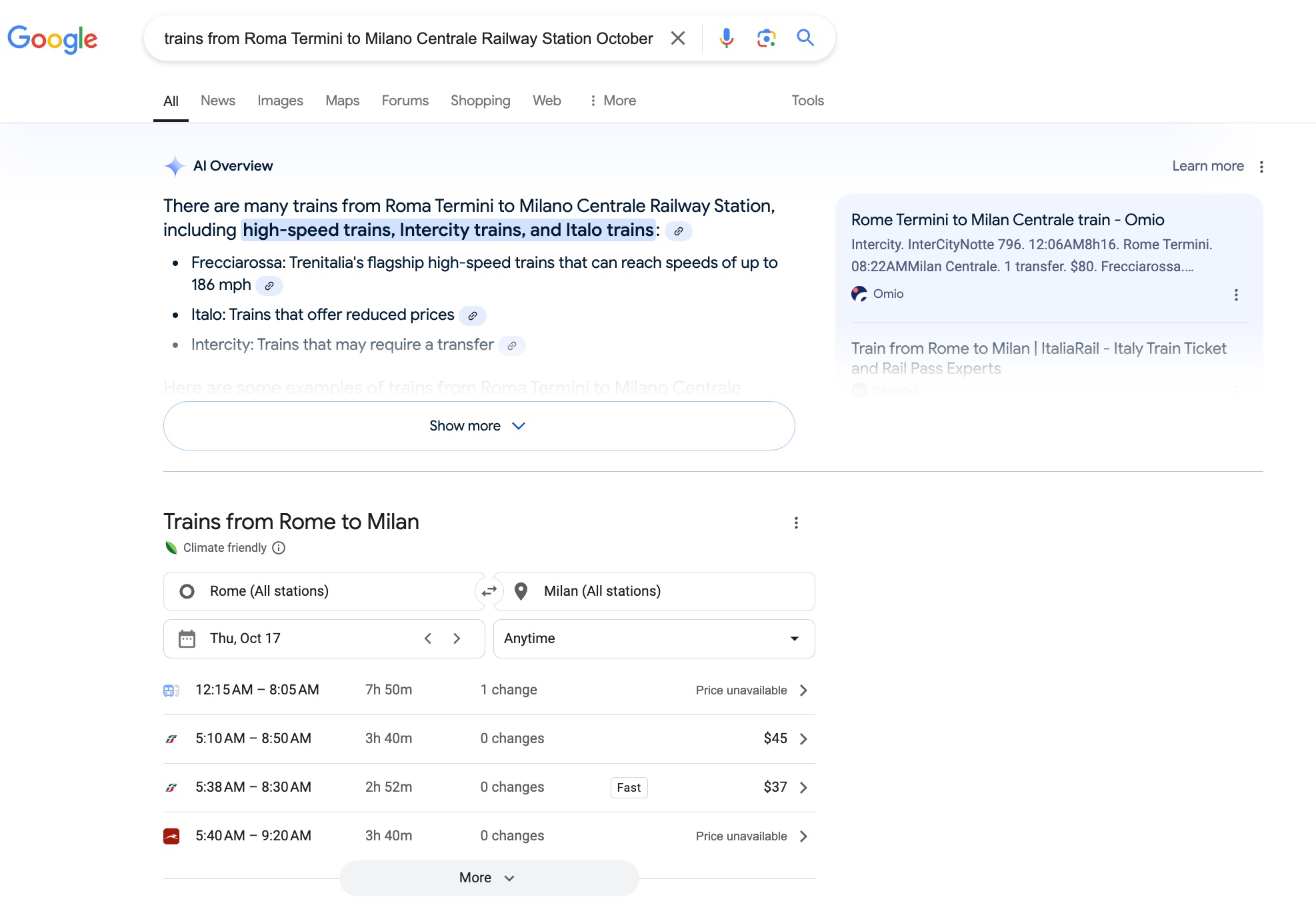 google trains result