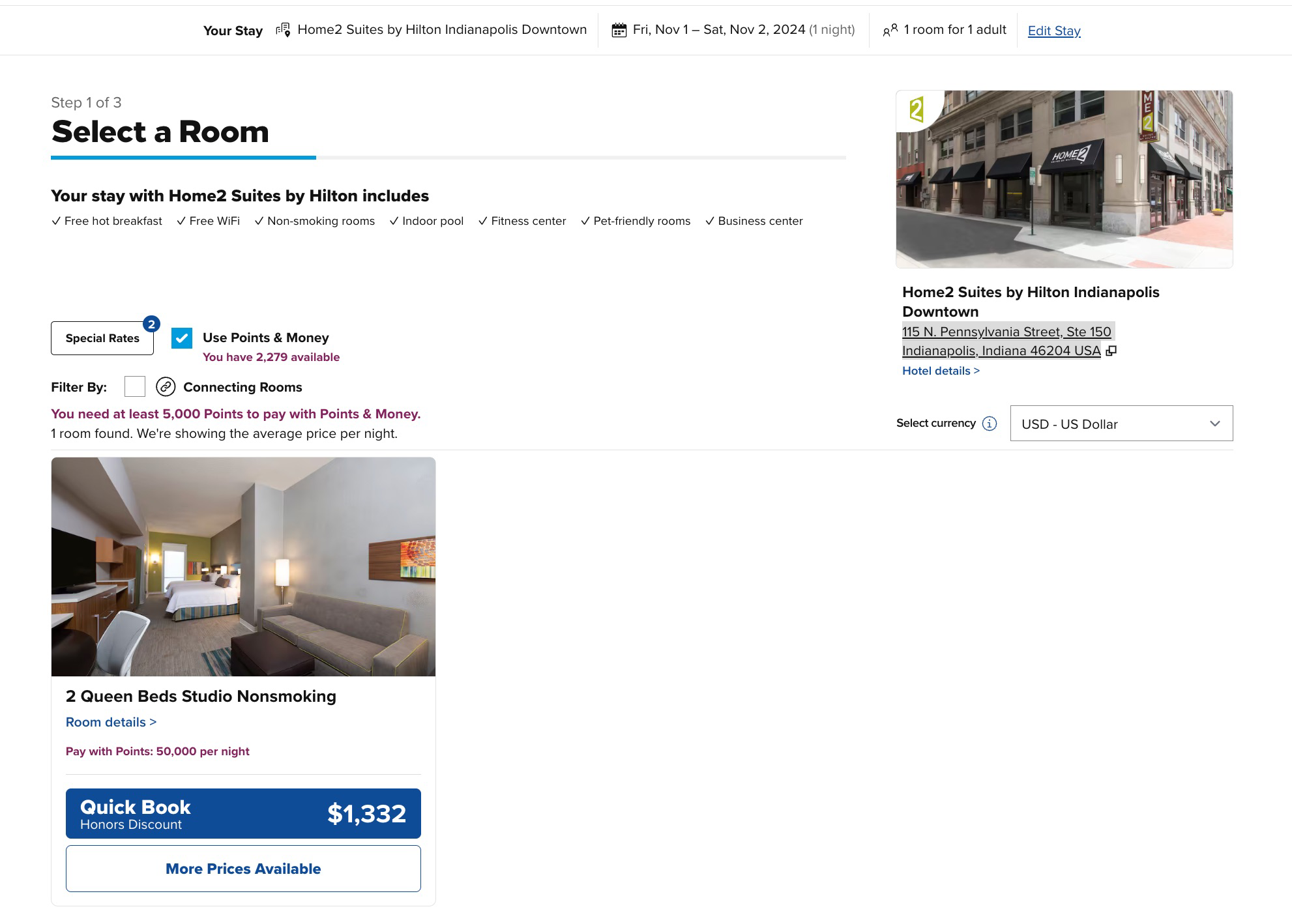 indianapolis hotel booked using hilton points