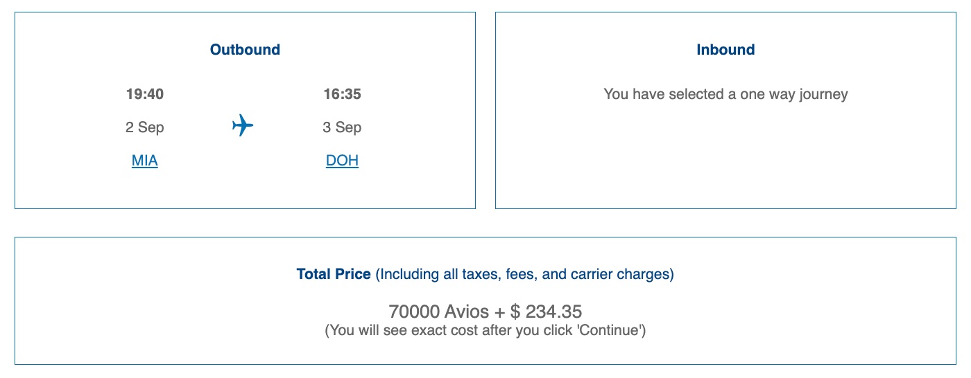 a miami to doha flight for 70,000 avios and $234.35 