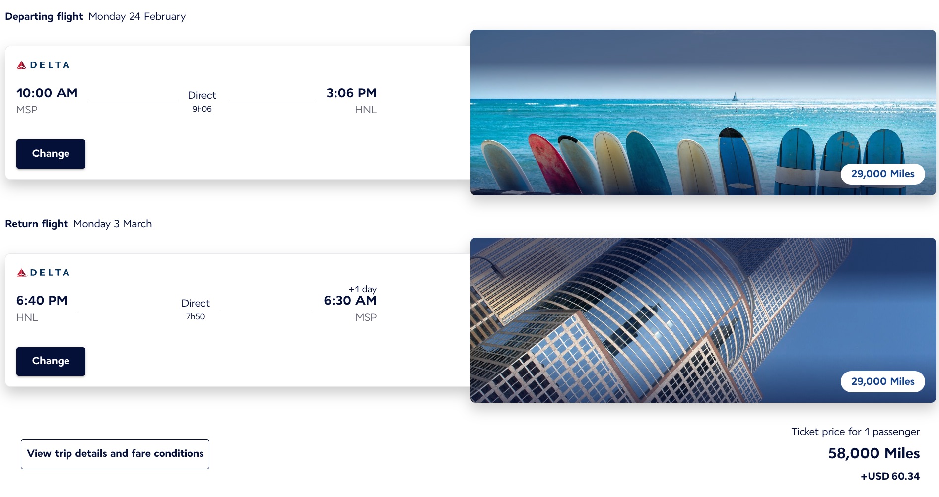 flights from minneapolis to honolulu for 58,000 miles