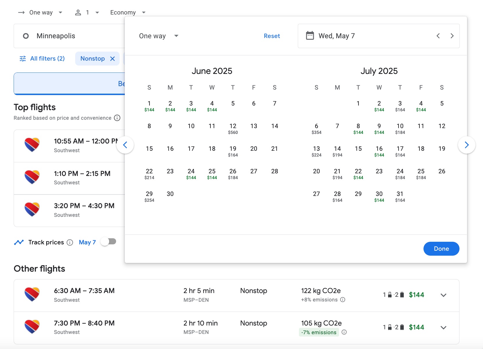 google flights screenshot of southwest flights
