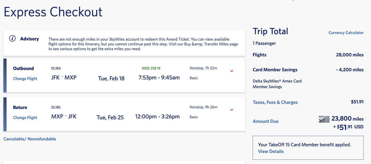 express checkout page for a roundtrip flight from New York to Milan on February 18 for 23,800 SkyMiles