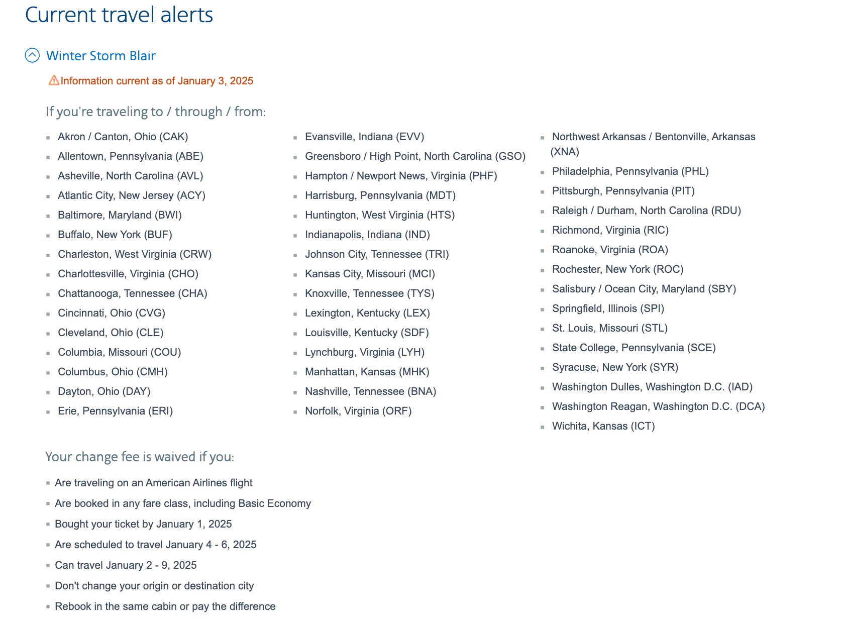 American Airlines current travel alerts for winter storm blair airports that qualify for change fee waivers 
