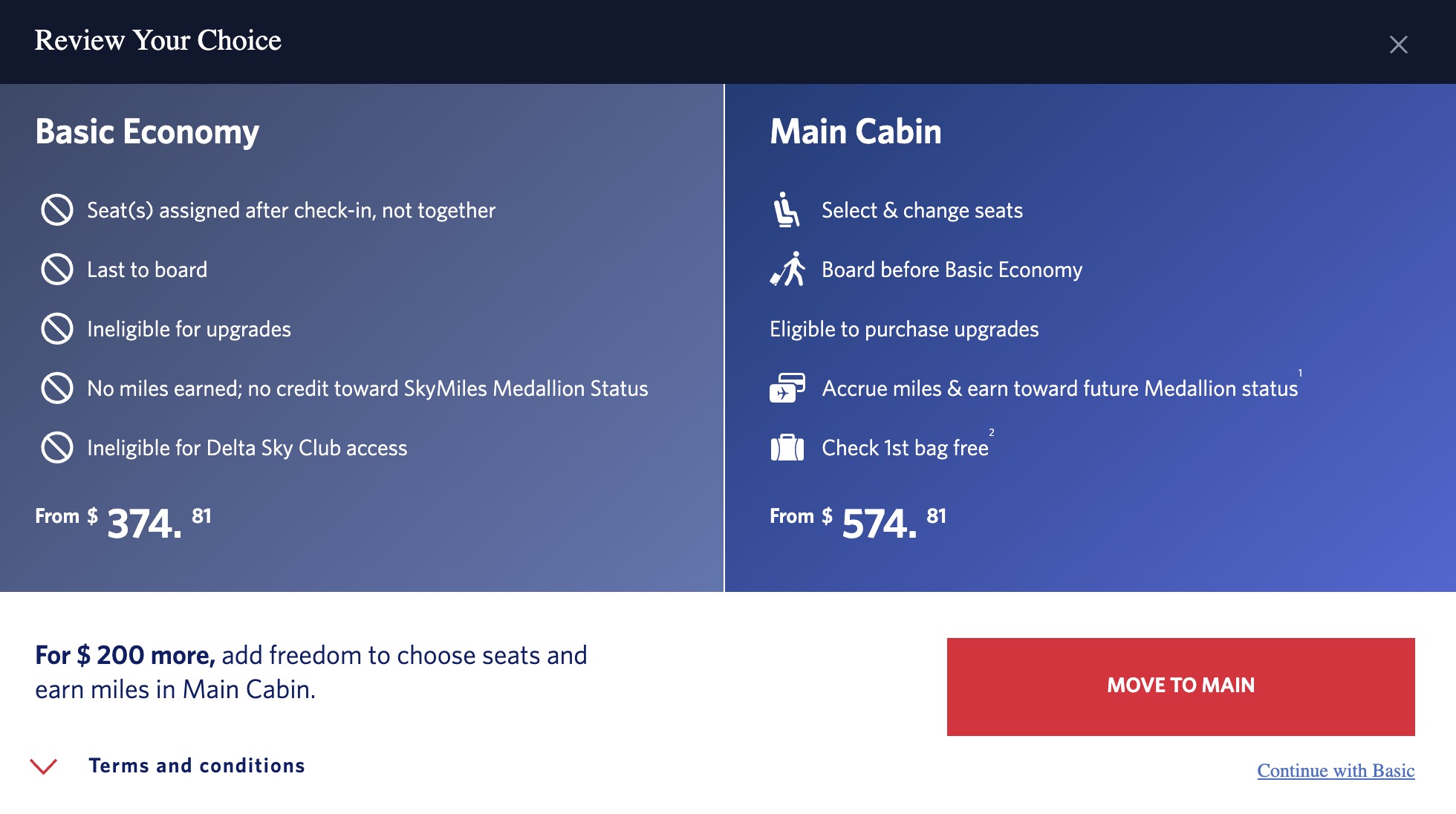 BE vs. Main Cabin Delta