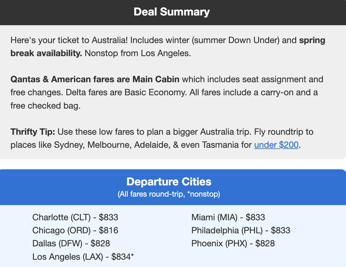 a list of departure cities on a Thrifty Traveler Premium flight deal alert for Brisbane, Australia