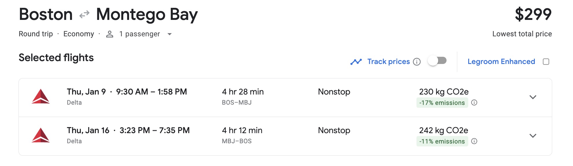 Google Flights search results for Boston to Montego Bay flights 