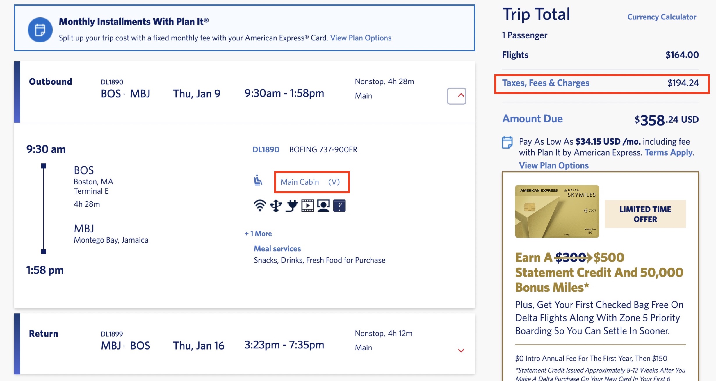 Total cost of two flights from Boston to Montego Bay, Jamaica with the companion certificate applied 