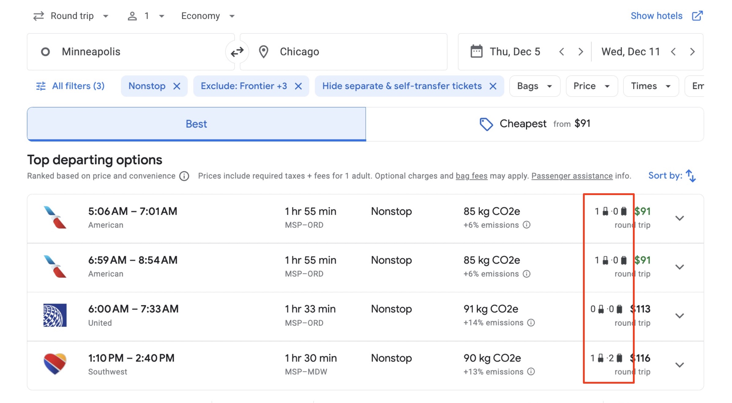 Google Flights searching showing baggage allowance next to the flight prices