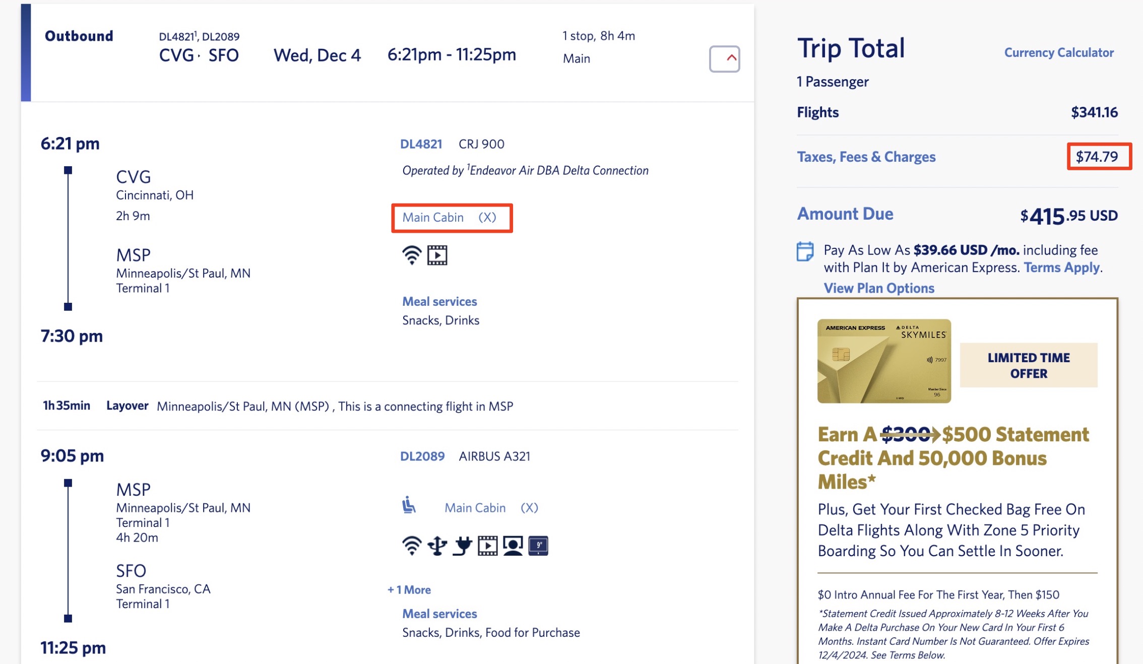 Total cost of two flights from Cincinnati to San Francisco with a Delta companion certificate applied