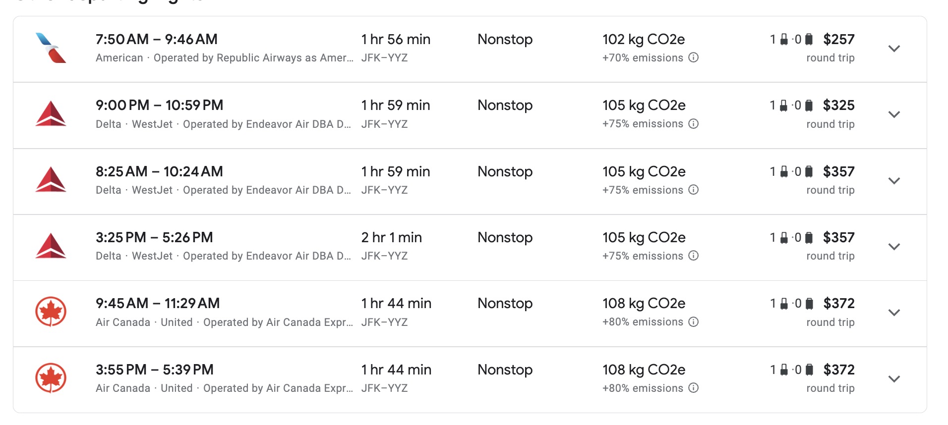 a screenshot of a search for New York to Toronto flights
