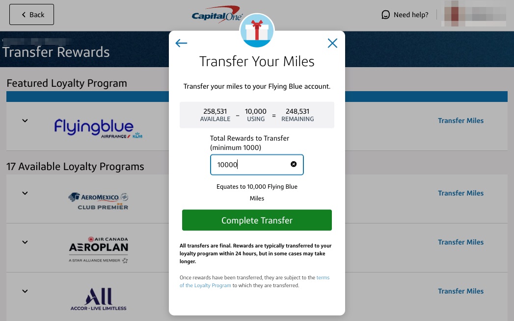 Capital One miles complete transfer screen