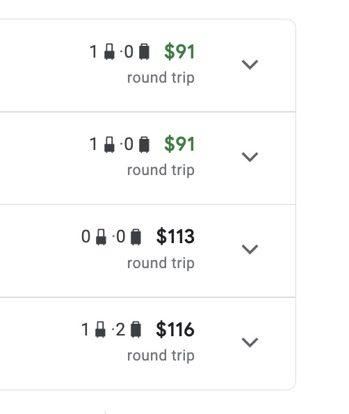 close-up of Google Flights fares with new baggage allowance icons