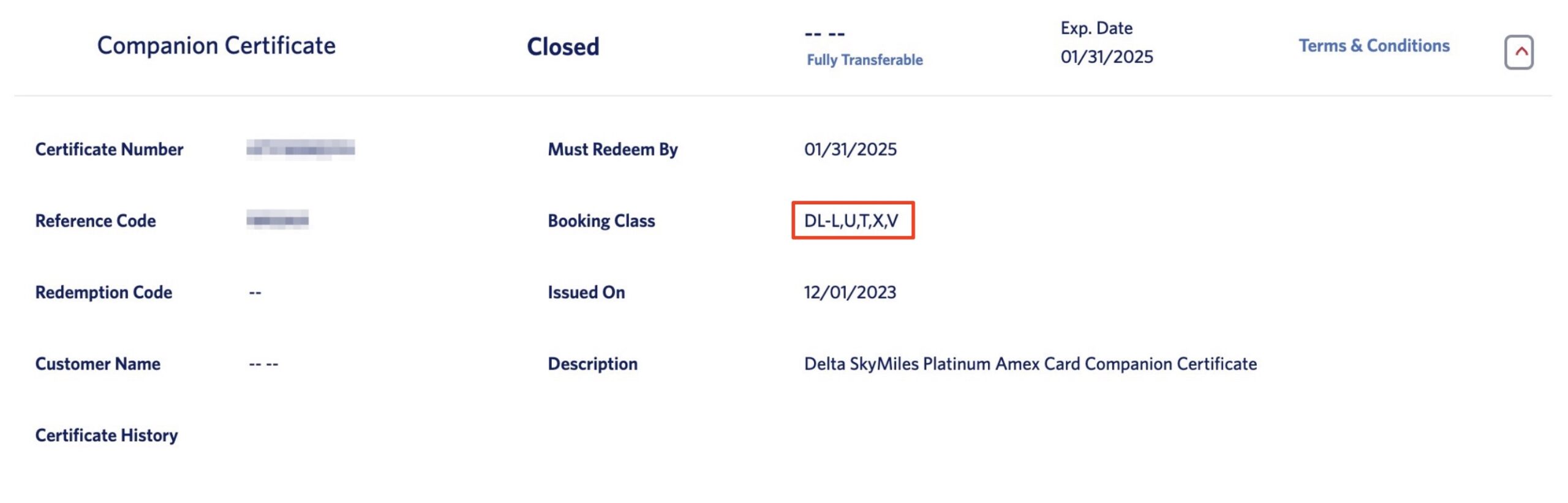 eligible booking classes for the Delta Platinum card companion certificate