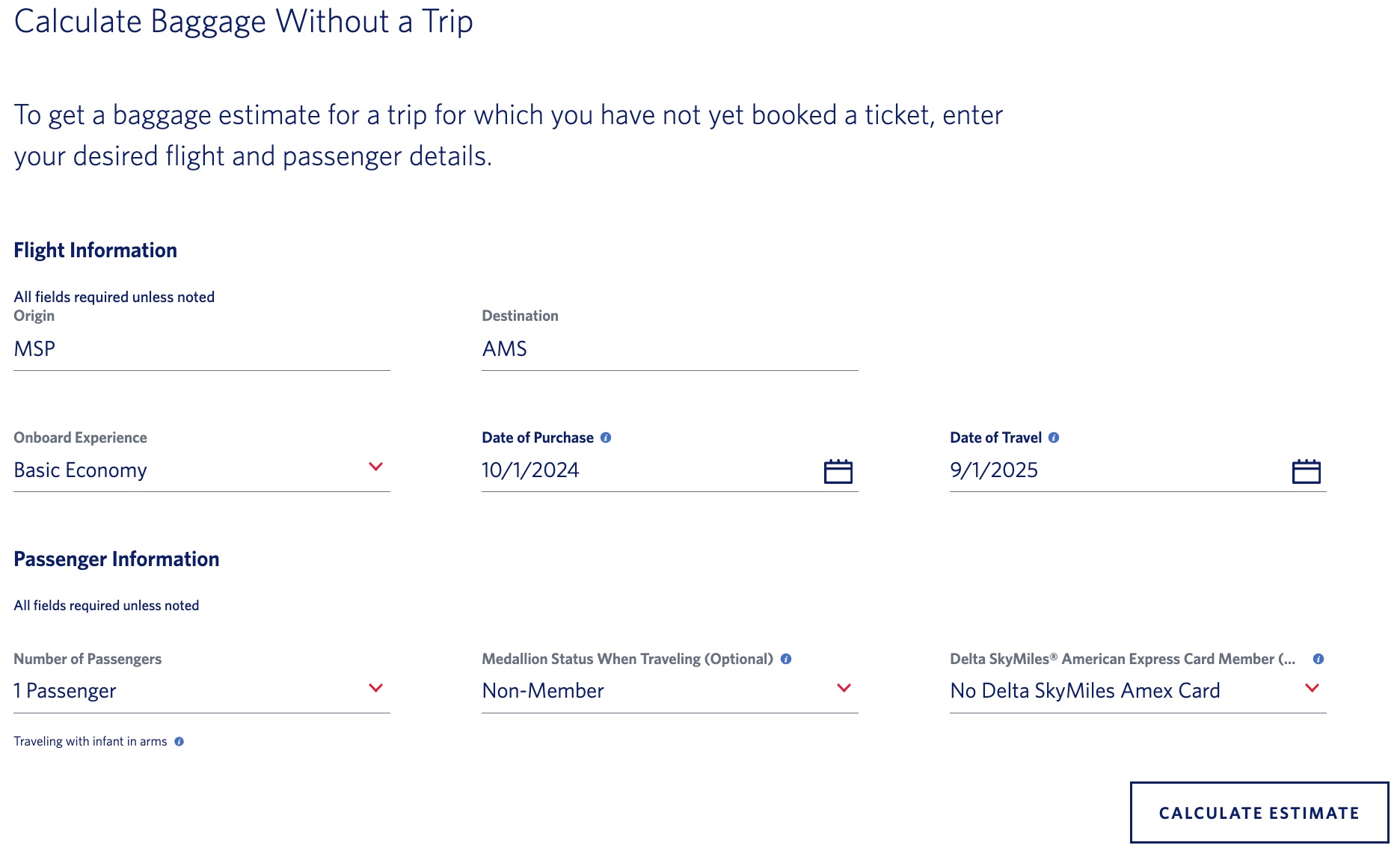 A screenshot of Delta's baggage estimator with Minneapolis to Amsterdam flight details filled in
