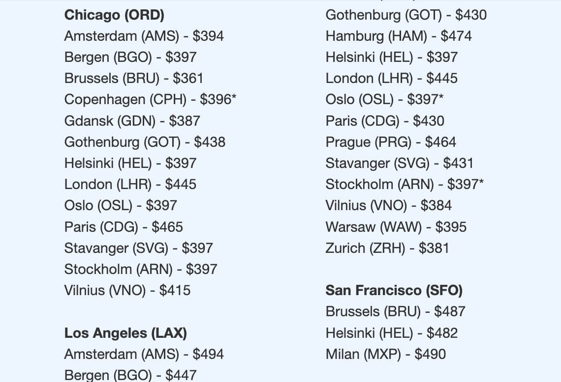 SAS economy fares