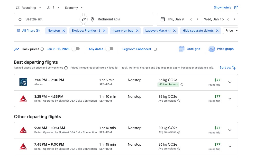 Google Flights search