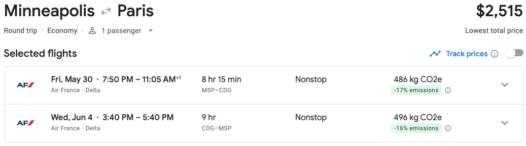 minneapolis to paris flight price