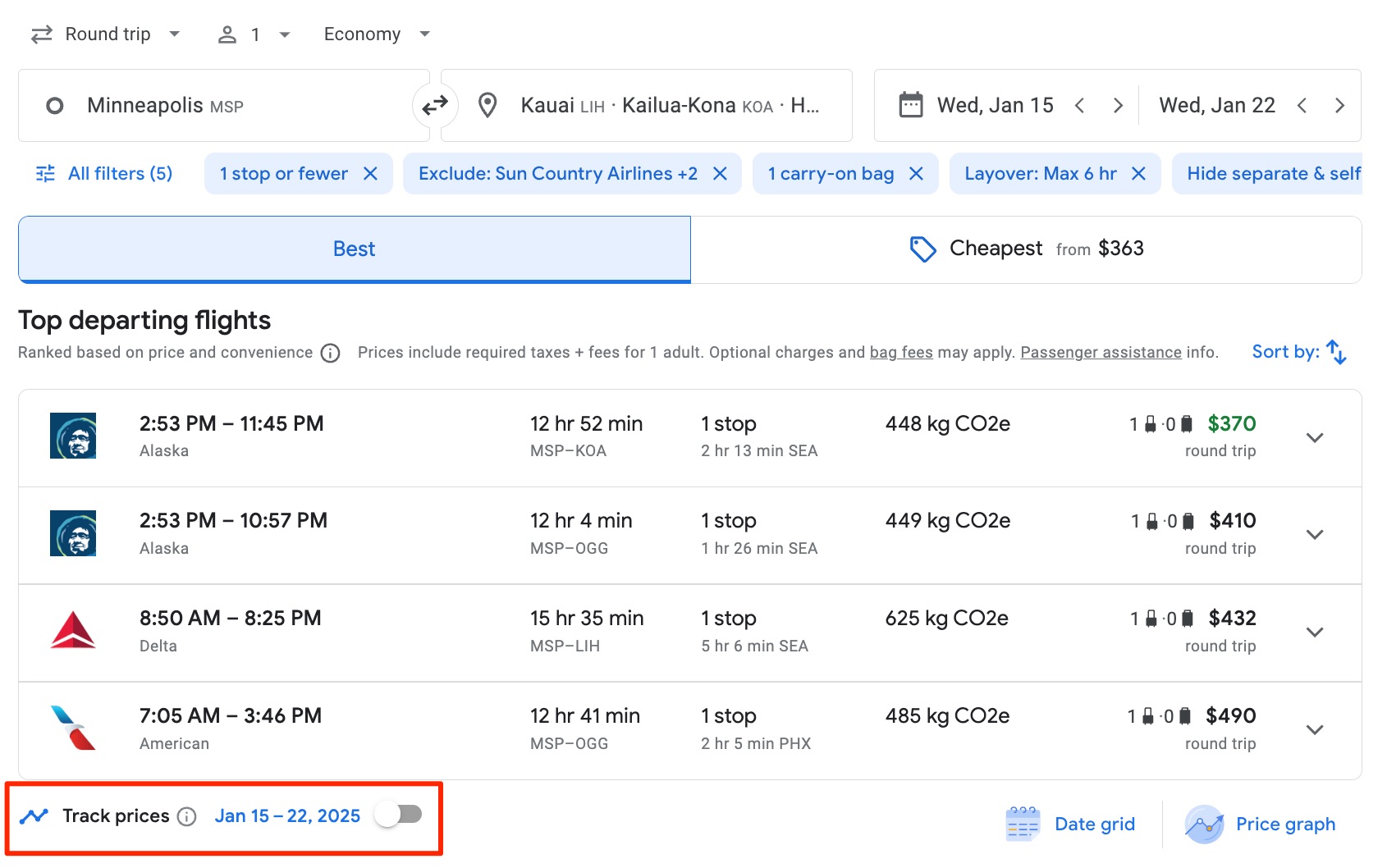 Google Flights search results for flights from Minneapolis to Hawaii in January