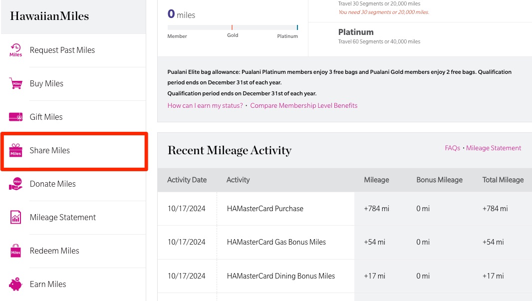 HawaiianMiles My Account