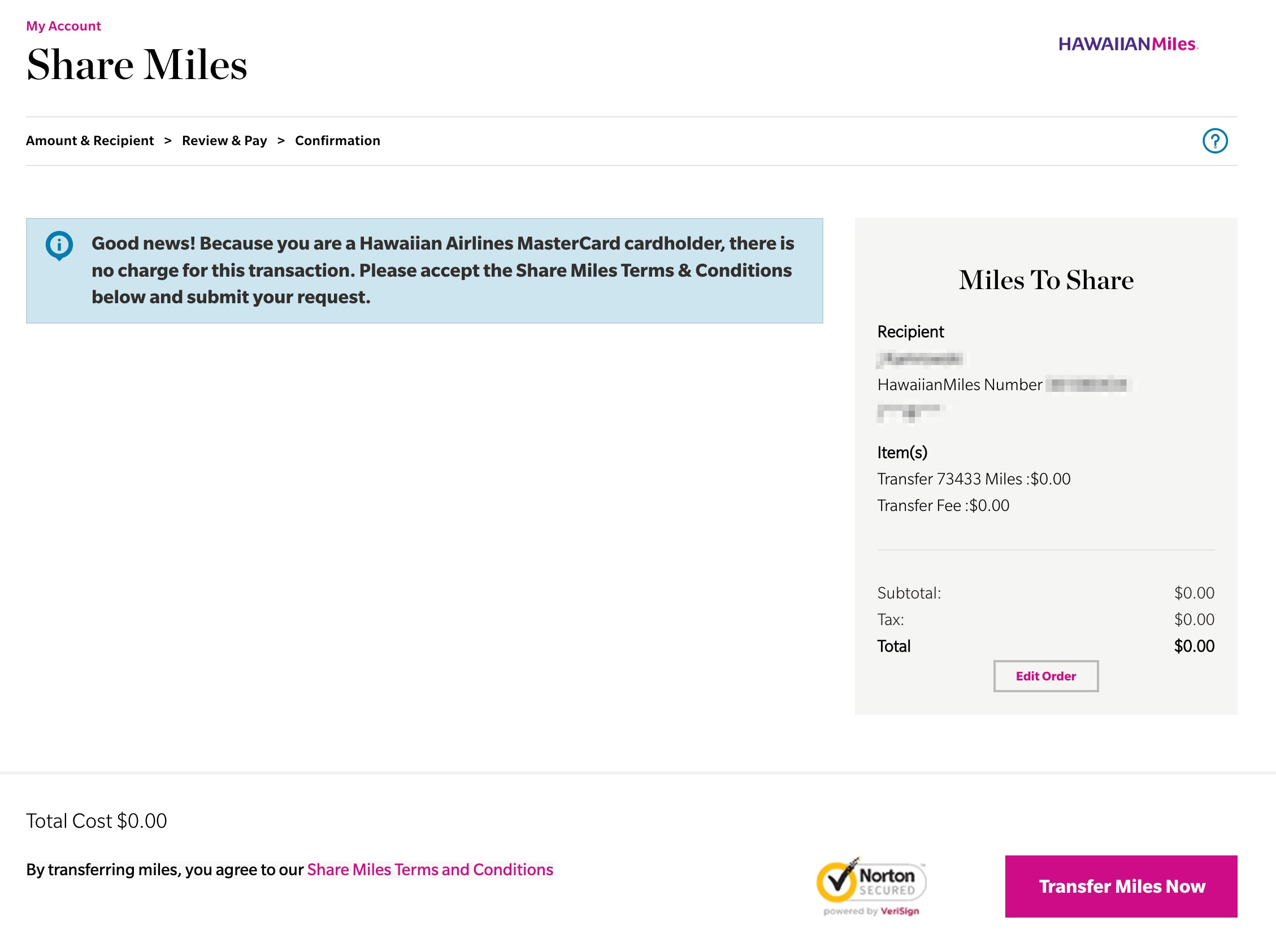 HawaiianMiles Share Miles Checkout Screen