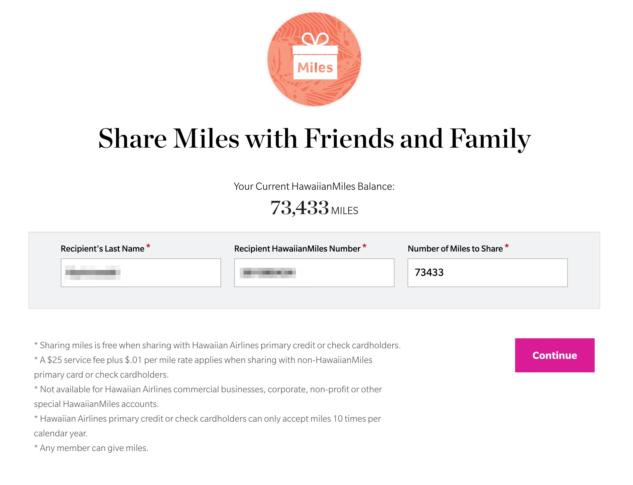 Sharing Hawaiian miles with another person