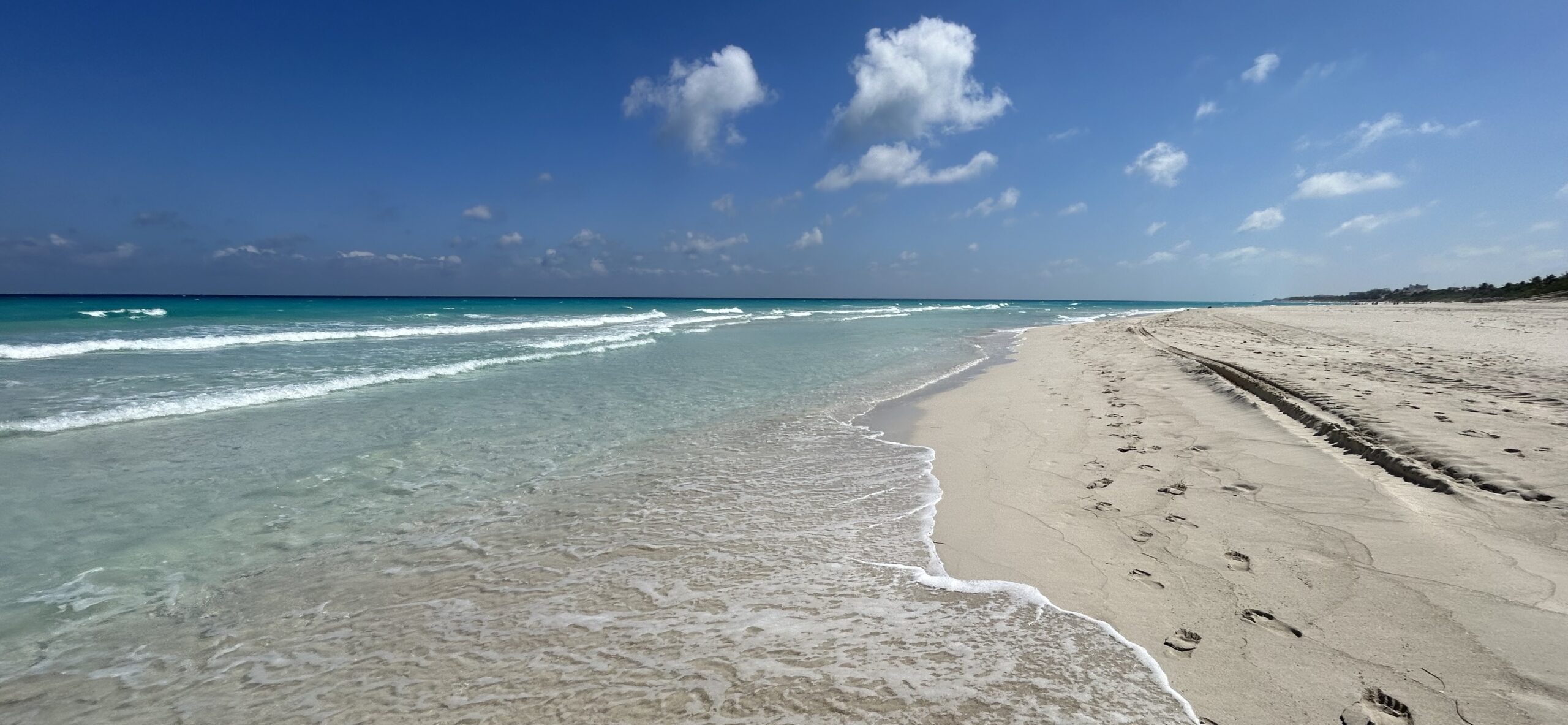 Waves wash ashore on a sandy beach with footprints in the sand.