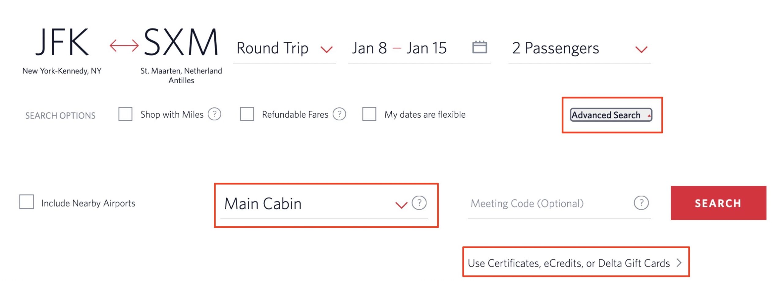 Delta website search for New York to Sint Maarten flights 