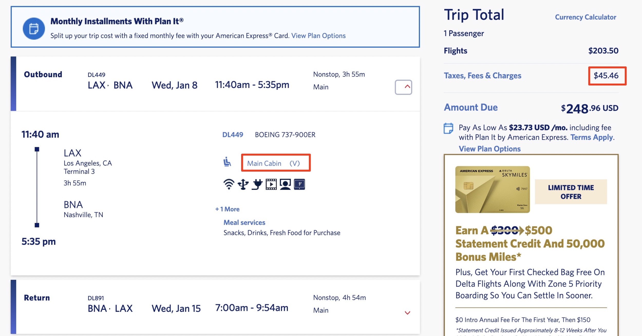 Total cost of a Delta flight from Los Angeles to Nashville with a Delta companion certificate applied