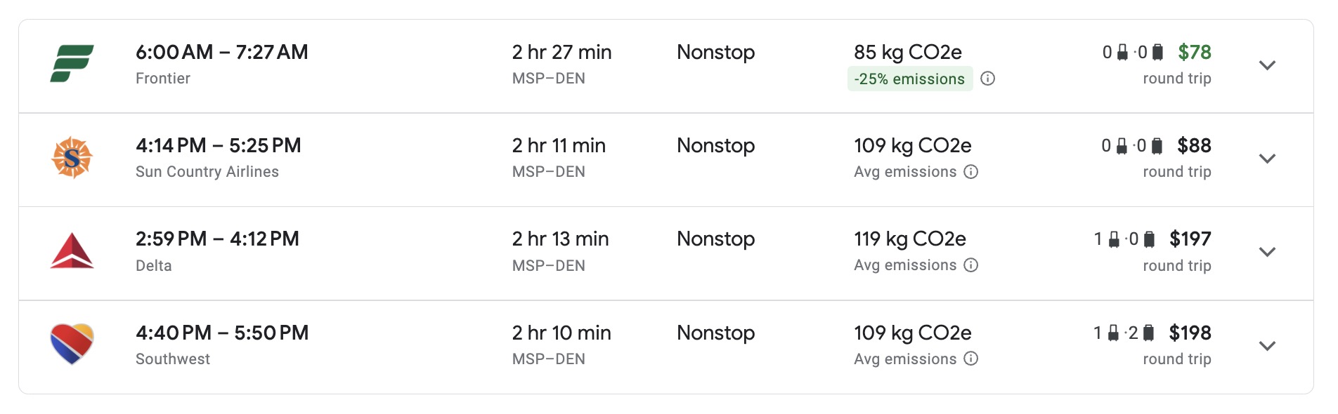 search results for Minneapolis to Denver flights

