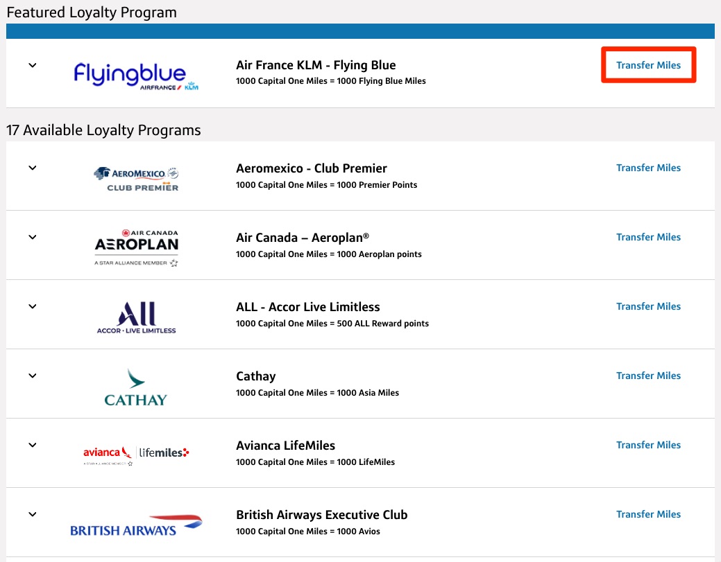 list of capital one airline and hotel transfer partners