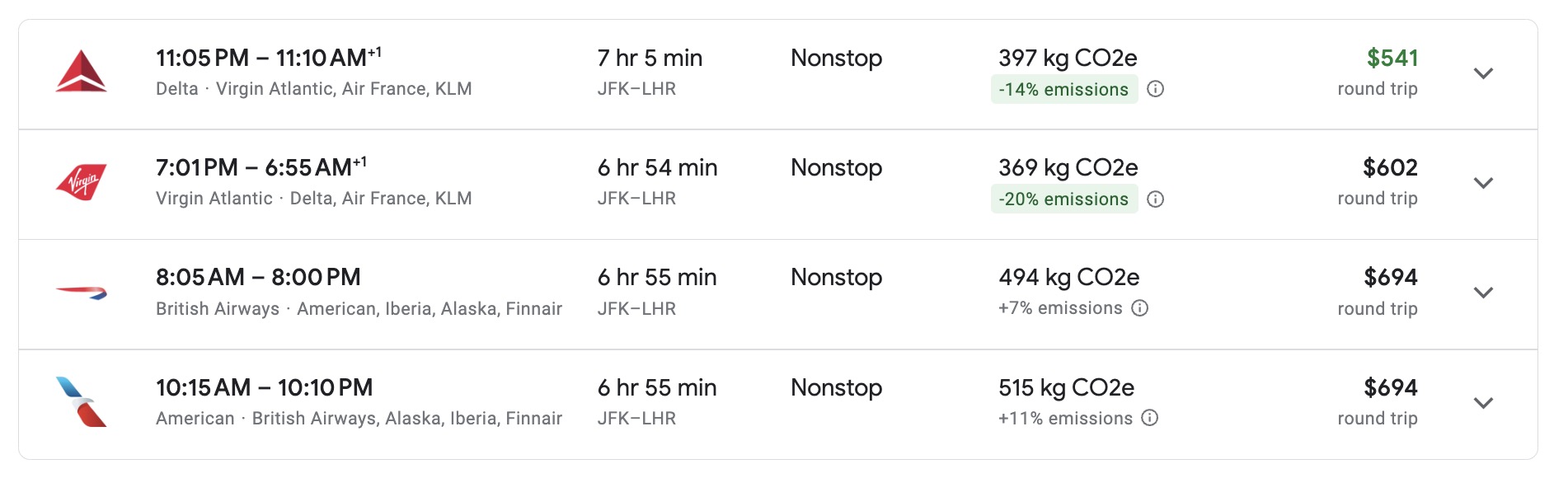 a screenshot of a Google Flights search for New York to London flights