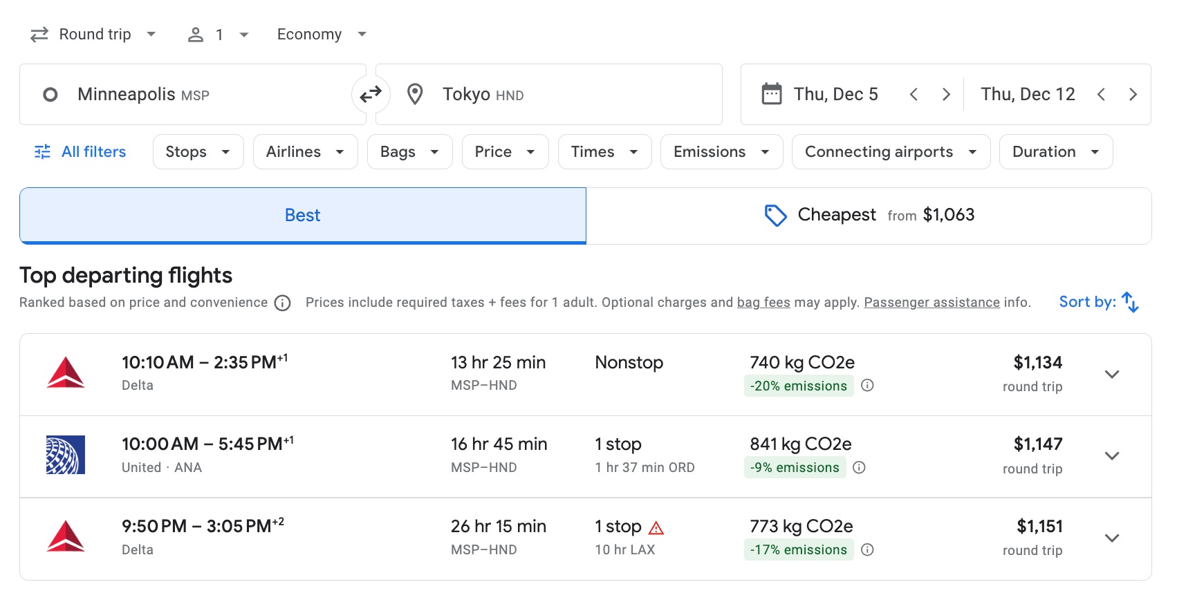 a Google flights search for roundtrip flights from Minneapolis to Tokyo