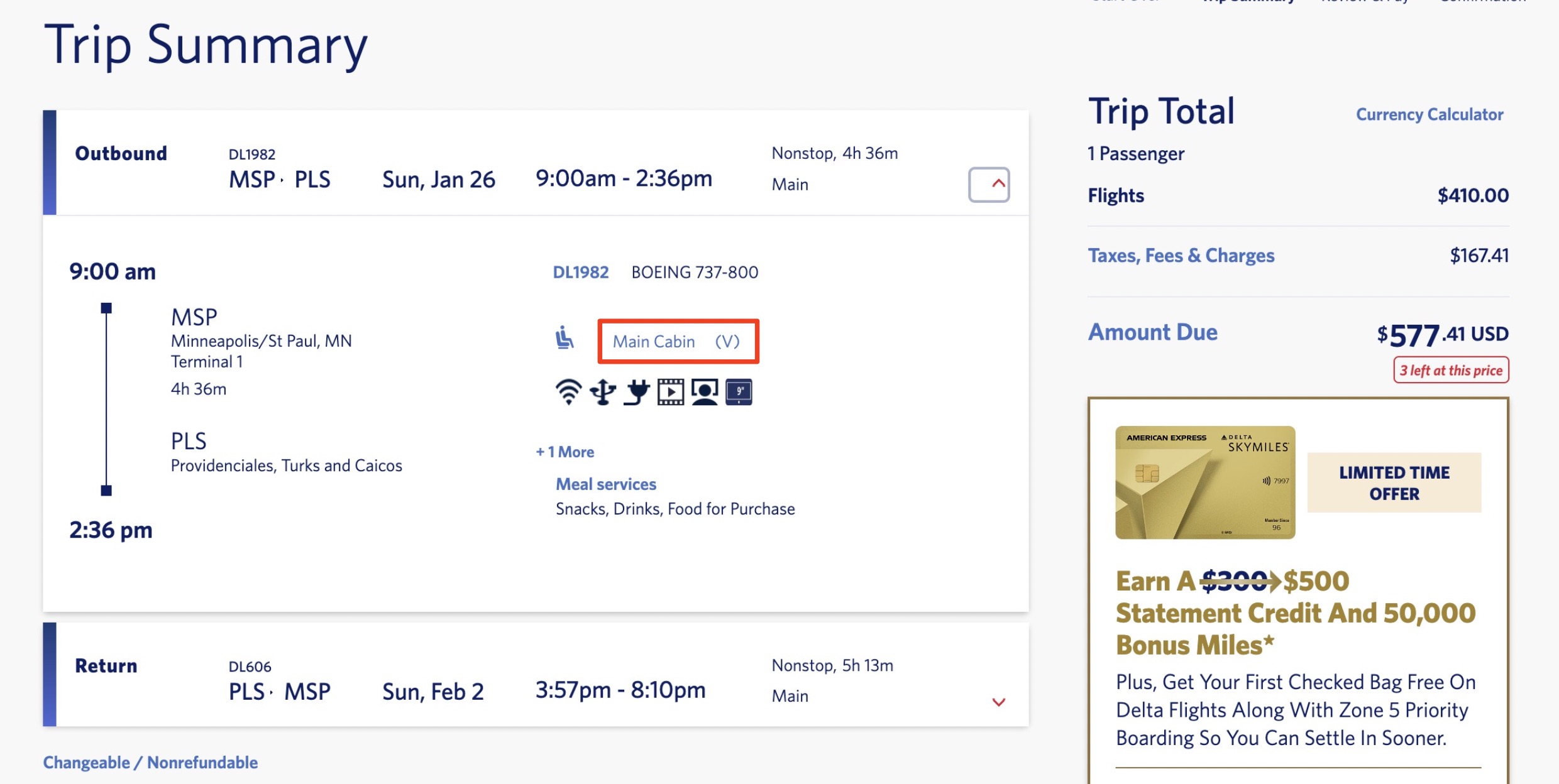checkout page for a delta flight from minneapolis to turks and caicos 