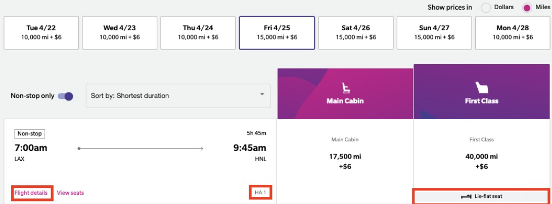 Hawaiian Airlines flight from Los Angeles to Honolulu for 40,000 miles each way