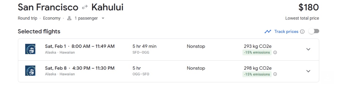 San Francisco to Kahului for $180 roundtrip in economy