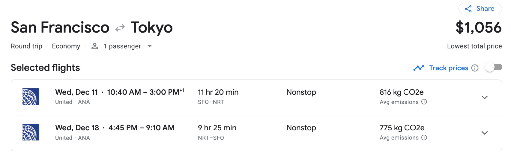 Google flights search for roundtrip flights to Tokyo from San Francisco