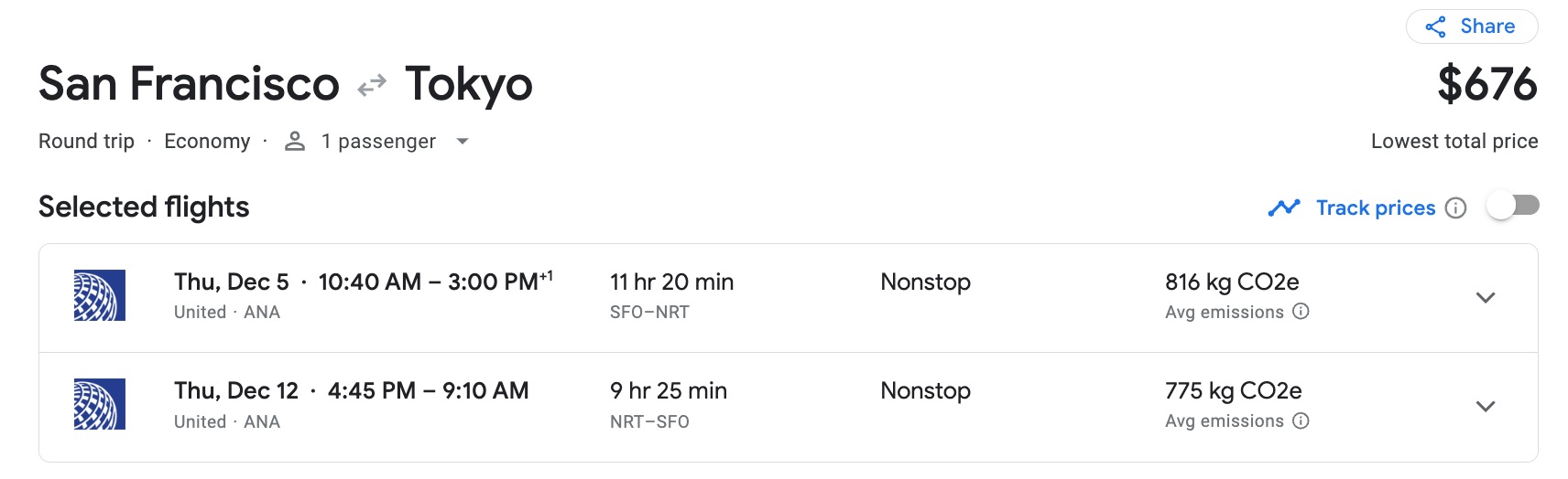 Google flights search for roundtrip flights to Tokyo from San Francisco